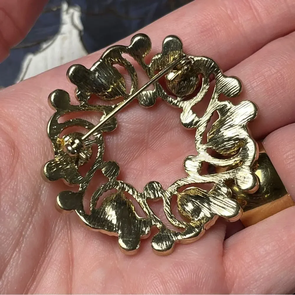 Estate Vintage Large Gold Brooch with Scrollwork and Multicolor Gemstones D1